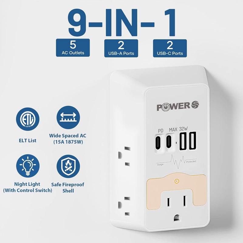 POWERS 20W PD Fast Charging Wall Outlet with USB Ports (2C2A), Electrical Outlet Extender with Night Light, Surge Protector, Wall Plug Adapter for Multiple Devices, Wall Socket Expander - Image 3